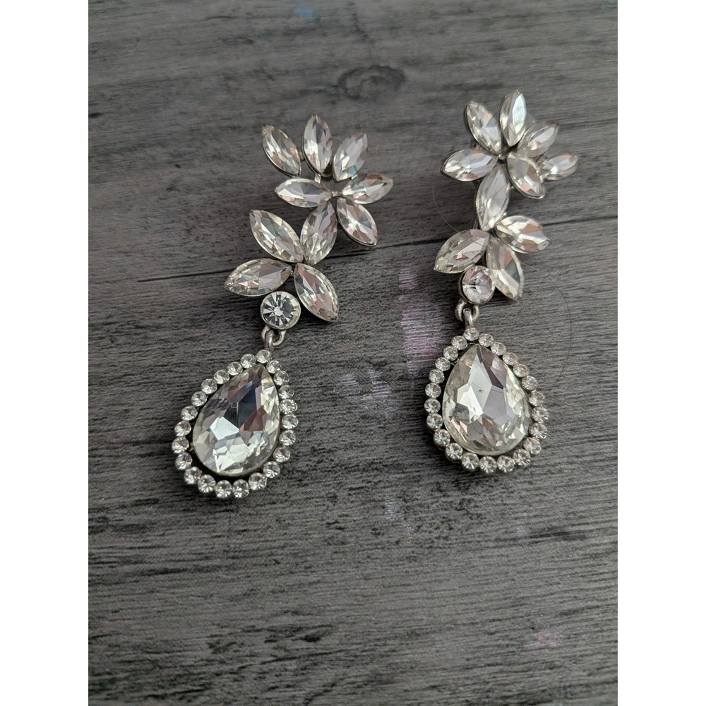 Silver Tone Crystal Floral Teardrop Chandelier Statement Earrings Dangle Bridal